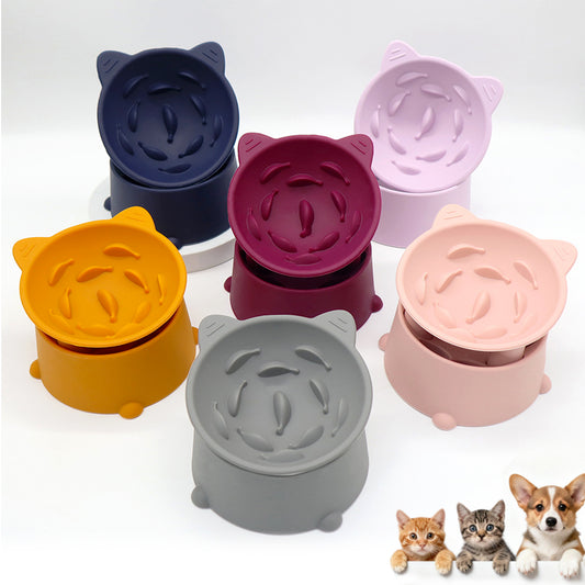 Silicone Slow Feeder Cat Bowl, Elevated Cat Slow Feeder with Suction Cups, Multi-Angle Tilt Design, No Black Chin, Suitable for Dry Wet Food